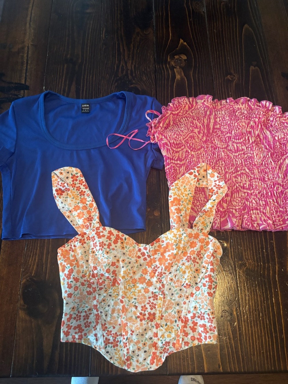 Blue Cropped Tee, Pink Smocked Tube Top & Floral Corset Bustier Set